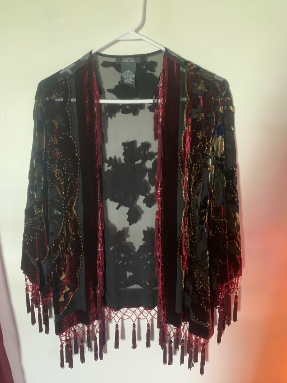 dressbarn Black Velvet Floral Fringe Kimono with Burgundy Accents